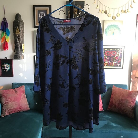 DOWNING STUDIO size 3X Navy Blue & Black Floral Print Crepe Tunic Top - Picture 1 of 4